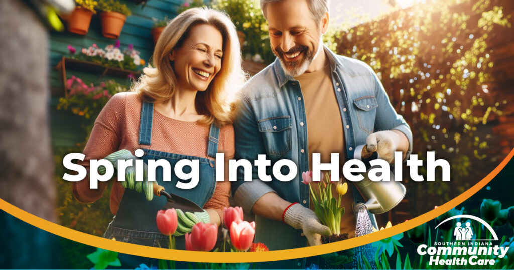 Spring into Health -- A couple happily gardening flowers