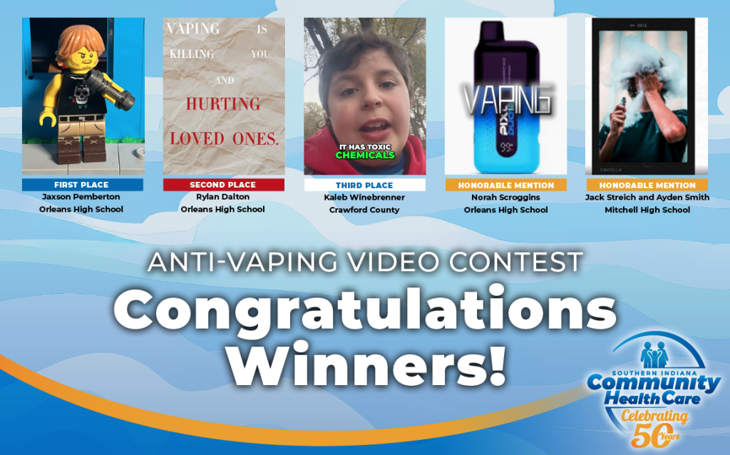 SICHC Congratulates our amazing and talented "Anti-Vaping Video Contest" winners!
.
Click on the links below to check out each of their messages, and please share!
FIRST PLACE: Jaxson Pemberton from Orleans High School
https://youtu.be/lI2PBC6QT_w?si=REUXgI2aKIeiIEjj
SECOND PLACE: Rylan Dalton from Orleans High School
https://youtube.com/shorts/BcqadBpK-KI?si=-GUGSrBYfv6rdkFj
THIRD PLACE: Kaleb Winebrenner from Crawford County
https://youtube.com/shorts/KiHlY362PFY?si=pmo8dyzfVGfxM-8n
HONORABLE MENTION: Norah Scroggins from Orleans High School
https://youtu.be/OiHHq_SUv5Q?si=mCL0PzPSfk6Rz_C4
HONORABLE MENTION: Jack Streich and Ayden Smith from Mitchell High School
https://www.canva.com/.../DAG.../qdpHUUM1J56jJqHGKKiRQg/edit
.
To learn more about "Breaking the Habit — Ready to Quit Smoking, Vaping, or Chewing?"
Click here: https://sichc.org/break-the-habit/